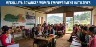 Meghalaya Advances Women Empowerment Initiatives| Women in Meghalaya participating in self-help groups and skill development programs for economic independence.