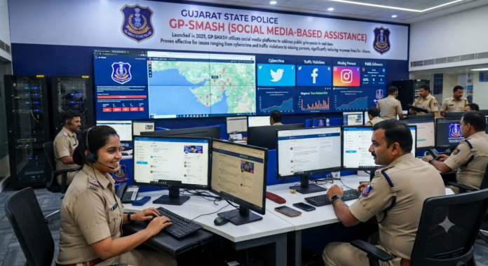 Gujarat police officers monitoring digital platforms and addressing public grievances through the new GP-SMASH system.